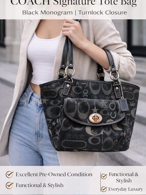 Coach Black and Dark Gray Signature Monogram Tote with Turnlock
